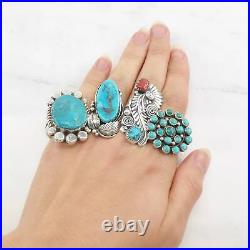 Ring Native American Silver Turquoise Leaf, Feather Sterling Size 7