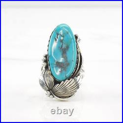 Ring Native American Silver Turquoise Leaf, Feather Sterling Size 7