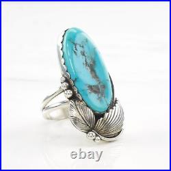 Ring Native American Silver Turquoise Leaf, Feather Sterling Size 7