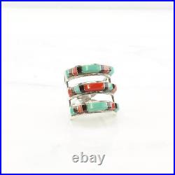 Ring Vintage Native American Silver Turquoise Onyx Inlay Sterling Size 7 3/4