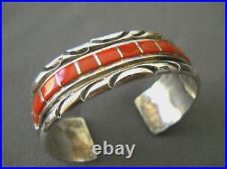 SPENCER Native American Navajo Coral Row Inlay Sterling Silver Etched Bracelet