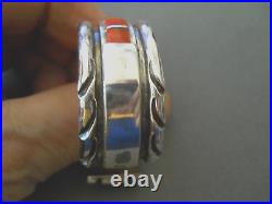 SPENCER Native American Navajo Coral Row Inlay Sterling Silver Etched Bracelet