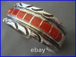 SPENCER Native American Navajo Coral Row Inlay Sterling Silver Etched Bracelet