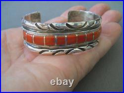 SPENCER Native American Navajo Coral Row Inlay Sterling Silver Etched Bracelet