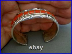 SPENCER Native American Navajo Coral Row Inlay Sterling Silver Etched Bracelet