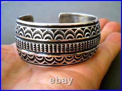 SUNSHINE REEVES Native American Sterling Silver Rug Pattern Stamped Bracelet