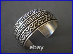 SUNSHINE REEVES Native American Sterling Silver Rug Pattern Stamped Bracelet