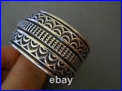 SUNSHINE REEVES Native American Sterling Silver Rug Pattern Stamped Bracelet