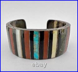 Santo Domingo Native American Sterling Silver Multi Gem Row Inlay Cuff Bracelet