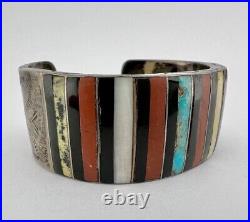 Santo Domingo Native American Sterling Silver Multi Gem Row Inlay Cuff Bracelet