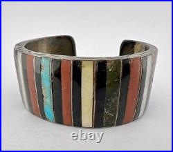 Santo Domingo Native American Sterling Silver Multi Gem Row Inlay Cuff Bracelet