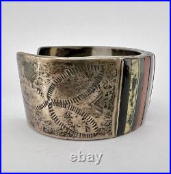 Santo Domingo Native American Sterling Silver Multi Gem Row Inlay Cuff Bracelet