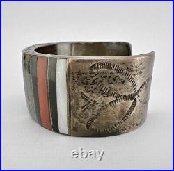 Santo Domingo Native American Sterling Silver Multi Gem Row Inlay Cuff Bracelet