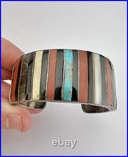 Santo Domingo Native American Sterling Silver Multi Gem Row Inlay Cuff Bracelet