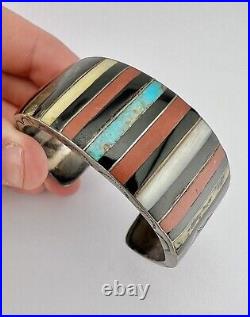 Santo Domingo Native American Sterling Silver Multi Gem Row Inlay Cuff Bracelet