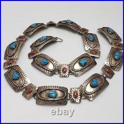 Signed SS Old Pawn Native American Sterling Silver Turquoise Coral Concho Belt