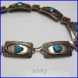 Signed SS Old Pawn Native American Sterling Silver Turquoise Coral Concho Belt