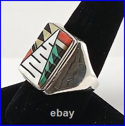 Signed Size 11 Sterling Silver Multicolor Inlay Zuni Native American Indian Ring