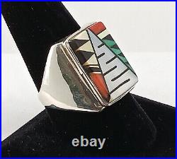 Signed Size 11 Sterling Silver Multicolor Inlay Zuni Native American Indian Ring