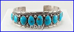 Signed Sterling Silver 13 Turquoise Stones Native American Indian Bracelet Cuff