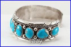 Signed Sterling Silver 13 Turquoise Stones Native American Indian Bracelet Cuff