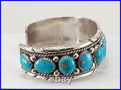 Signed Sterling Silver 13 Turquoise Stones Native American Indian Bracelet Cuff