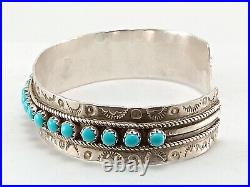 Signed Sterling Silver Petitpoint Turquoise Native American Indian Bracelet Cuff