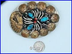 Silver belt buckle American Indian Head Decorative Art Turquoise Coral Native