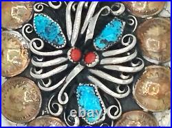 Silver belt buckle American Indian Head Decorative Art Turquoise Coral Native