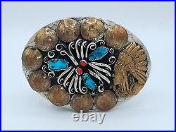 Silver belt buckle American Indian Head Decorative Art Turquoise Coral Native