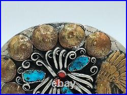 Silver belt buckle American Indian Head Decorative Art Turquoise Coral Native