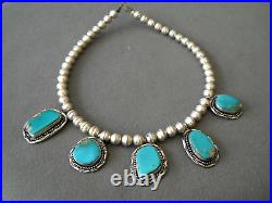 Southwestern Native American 5-Stone Turquoise Sterling Silver Bead Necklace