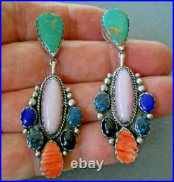 Southwestern Native American Multi-Stones Cluster Sterling Silver Earrings 2.75