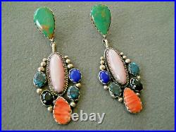 Southwestern Native American Multi-Stones Cluster Sterling Silver Earrings 2.75