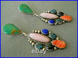 Southwestern Native American Multi-Stones Cluster Sterling Silver Earrings 2.75