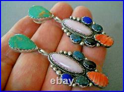 Southwestern Native American Multi-Stones Cluster Sterling Silver Earrings 2.75