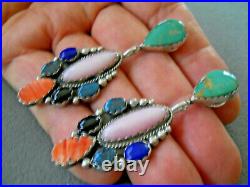 Southwestern Native American Multi-Stones Cluster Sterling Silver Earrings 2.75