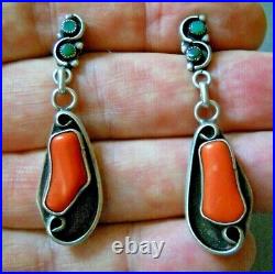 Southwestern Native American Navajo Coral Turquoise Sterling Silver Earrings 2