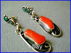 Southwestern Native American Navajo Coral Turquoise Sterling Silver Earrings 2