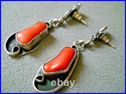 Southwestern Native American Navajo Coral Turquoise Sterling Silver Earrings 2