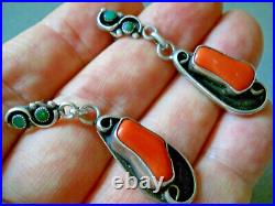 Southwestern Native American Navajo Coral Turquoise Sterling Silver Earrings 2