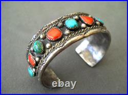 Southwestern Native American Navajo Turquoise Coral Row Sterling Silver Bracelet