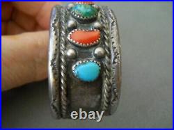 Southwestern Native American Navajo Turquoise Coral Row Sterling Silver Bracelet