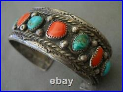 Southwestern Native American Navajo Turquoise Coral Row Sterling Silver Bracelet