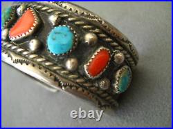 Southwestern Native American Navajo Turquoise Coral Row Sterling Silver Bracelet