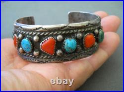 Southwestern Native American Navajo Turquoise Coral Row Sterling Silver Bracelet