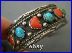 Southwestern Native American Navajo Turquoise Coral Row Sterling Silver Bracelet