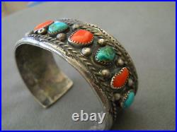 Southwestern Native American Navajo Turquoise Coral Row Sterling Silver Bracelet