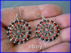 Southwestern Native American Zuni Coral Jet Sterling Silver Hook Earrings