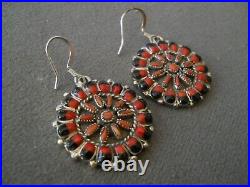 Southwestern Native American Zuni Coral Jet Sterling Silver Hook Earrings